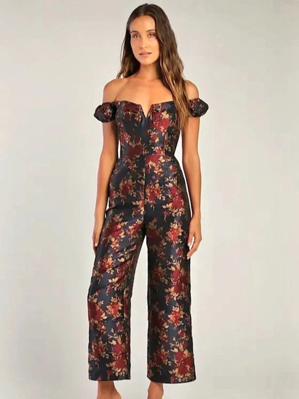 NWT Lulus New Glam Midnight Blue Floral Jacquard Off-the-Shoulder Jumpsuit Small
